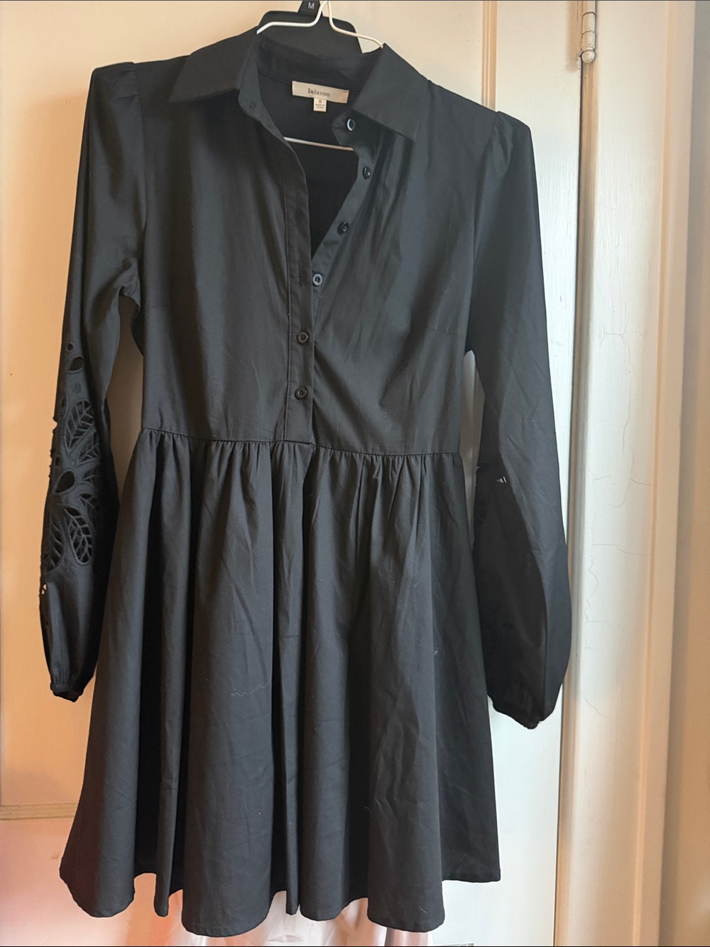 Black Long-Sleeve Shirt Dress with Eyelet Sleeve Detail